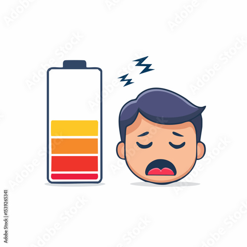 A flat vector of a low battery next to a tired human face, representing burnout or emotional exhaustion.