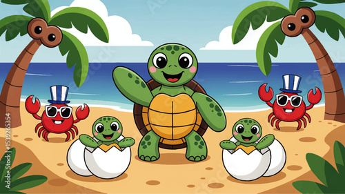Cute Cartoon Baby Sea Turtles Hatching on Tropical Beach with Palm Trees and Cheerful Crabs, Summer Ocean Kids Illustration