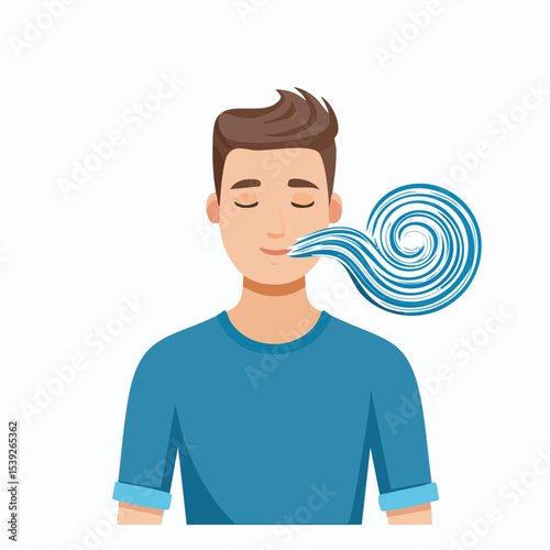 A clean vector of a person calmly exhaling with swirls, showing deep breathing and emotional regulation.