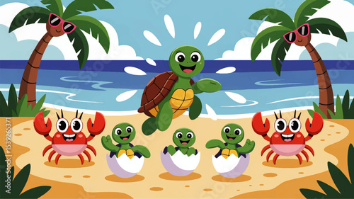 Cute Cartoon Baby Sea Turtles Hatching on Tropical Beach with Happy Crabs, Palms, and Ocean Background – Fun Summer Kids Illustration