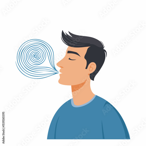 A clean vector of a person calmly exhaling with swirls, showing deep breathing and emotional regulation.