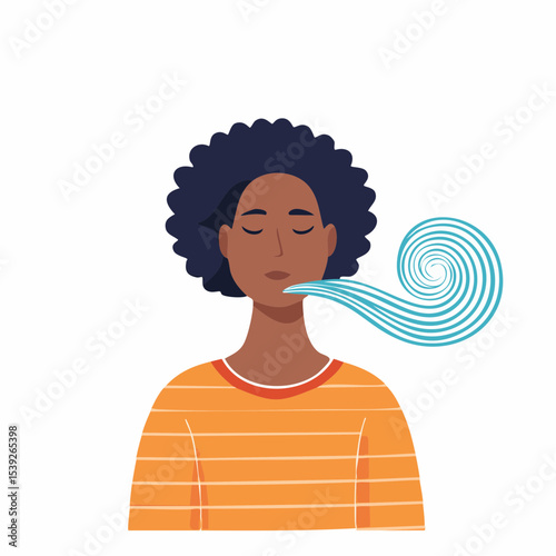 A clean vector of a person calmly exhaling with swirls, showing deep breathing and emotional regulation.