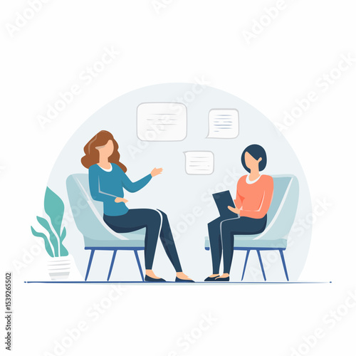 A soft line vector of a client and therapist in session, symbolizing talking therapy and mental health support.