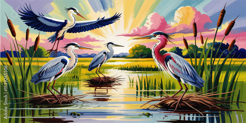 Colorful Herons in Vibrant Wetland at Sunrise – Artistic Vector Illustration of Birds, Cattails, and Nature Scenery