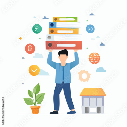 A minimal design of a figure overwhelmed by floating icons, showing the invisible weight of mental load.