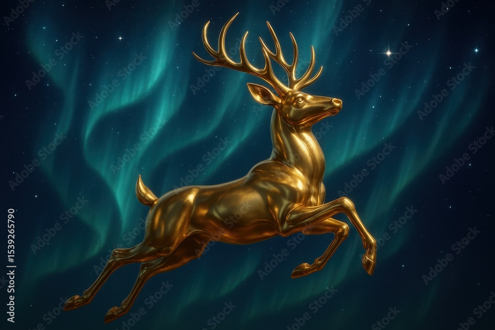Naklejka premium Modern 3D golden deer silhouette leaping through midnight blue aurora landscape with celestial elements