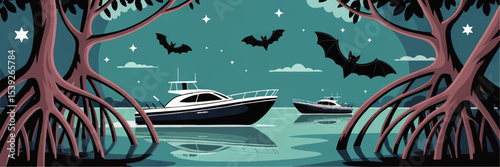 Nighttime Mangrove Forest with Boats and Flying Bats, Tranquil River Landscape, Vector Illustration for Adventure and Nature Themes
