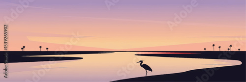 Serene Coastal Sunset Landscape with Heron Silhouette, Palm Trees, and River in Minimalist Pastel Vector Art Illustration