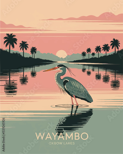 Serene Tropical Sunset Lake with Heron, Palm Trees, and Reflections – Vintage Nature Illustration, Wayambo Oxbow Lakes Art Print