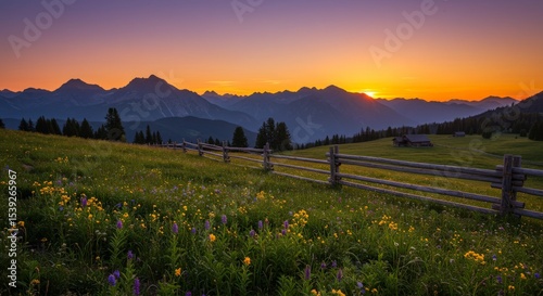 Peaceful sunset over a mountain landscape, with wildflowers in a grassy meadow and a rustic wooden fence in the foreground.