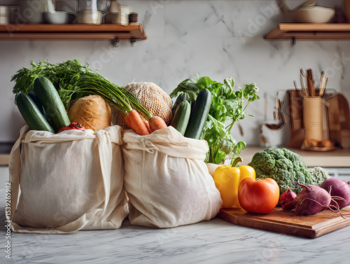 Healthy grocery haul on kitchen counter with reusable bags