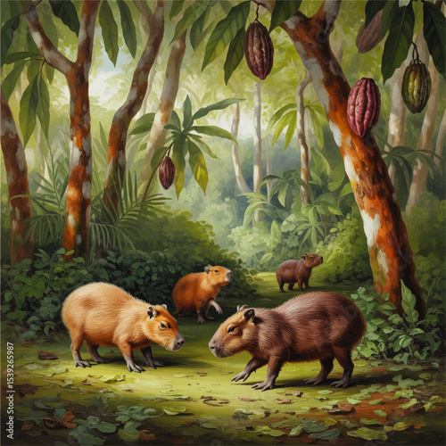 Group of Capybaras in Lush Amazon Rainforest with Cacao Trees and Pods, Vibrant Wildlife Nature Illustration