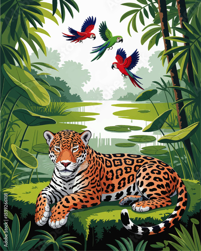 Majestic Jaguar Resting by Tropical River with Flying Parrots in Lush Jungle Landscape – Vibrant Vector Wildlife Illustration