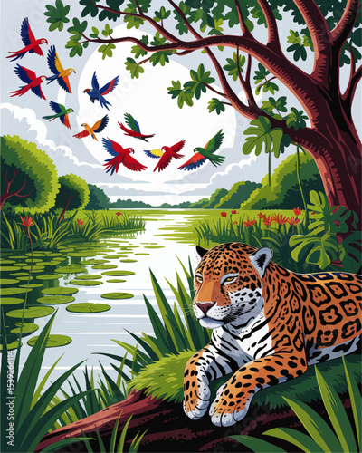 Vibrant Amazon Rainforest Illustration with Jaguar Resting by River, Colorful Parrots Flying, Lush Greenery, and Tropical Landscape