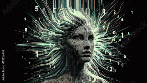 The image of AI in the form of a female face is self-embodied from digital elements like the image of a machine acquiring consciousness. Vector graphics. EPS.