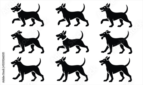 Nine black silhouettes of dogs in various poses