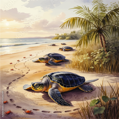 Sea Turtles Nesting on Tropical Beach at Sunrise with Palm Trees and Crabs – Peaceful Coastal Wildlife Illustration