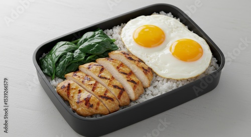 Minimalist Bento Box with Grilled Chicken, Rice, Spinach and Sunny Side Up Eggs
