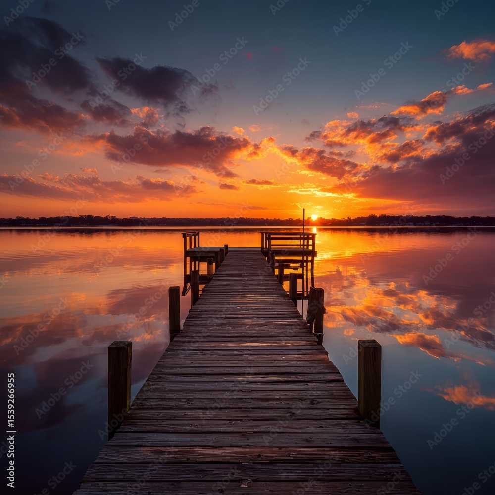 Fototapeta premium A serene view of a pier extending into a tranquil lake at sunset, reflecting the sky