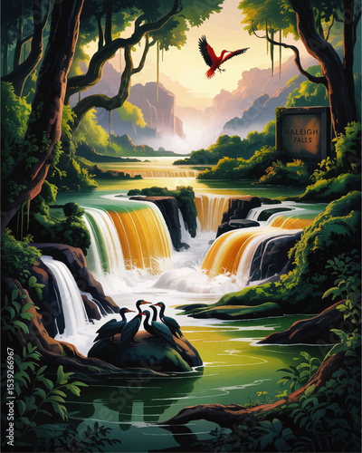 Idyllic Waterfall Landscape at Sunrise With Exotic Birds, Lush Greenery, and Tranquil Pool in Raleigh Falls Nature Park