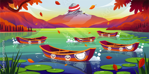 Cheerful Cartoon Rowboats on Lake with Lilypads and Autumn Leaves, Whimsical Mountain Landscape at Sunset, Vibrant Nature Illustration