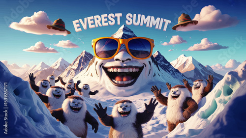 Everest Summit Cartoon Yeti Party, Funny Snow Mountain Characters, Sunglasses, Himalayan Adventure, Playful Winter Illustration