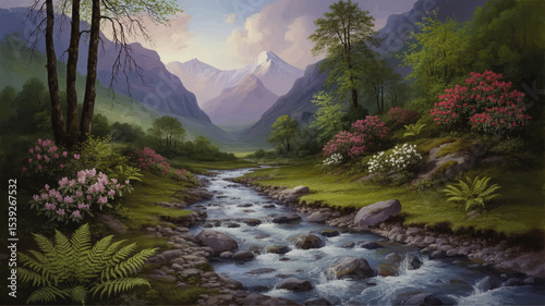 Idyllic Mountain Landscape with Flowing River, Lush Greenery, Colorful Flowers, and Snow-Capped Peaks at Sunrise – Tranquil Nature Artwork