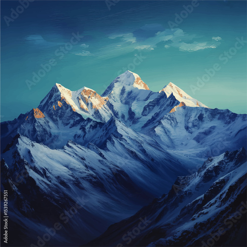 Majestic Snow-Capped Mountain Peaks Illustration with Clear Blue Sky, Winter Landscape Painting, Nature Background