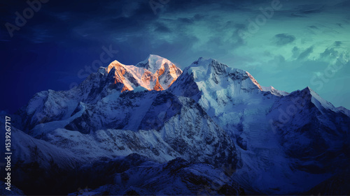 Majestic snow-capped mountain range at sunrise with dramatic sky and vivid blue tones, stunning winter alpine landscape