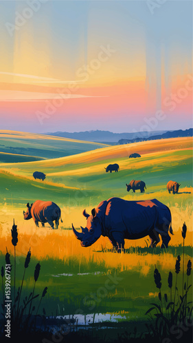 Majestic Rhino Herd on Vibrant African Grasslands at Sunset – Wildlife Conservation Digital Illustration, Colorful Nature Landscape