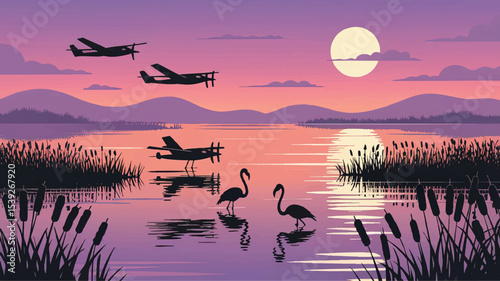 Tranquil Lake Sunset with Flamingos, Seaplanes, and Reeds – Vibrant Vector Nature Landscape Illustration