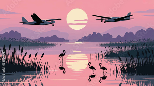 Tranquil Wetland Sunset Landscape with Silhouetted Flamingos, Vintage Airplanes, and Reflections in Pink Sky Vector Illustration