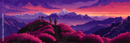 Vibrant vector illustration of hikers trekking mountain ridge at sunrise with pink flowers and stunning purple landscape