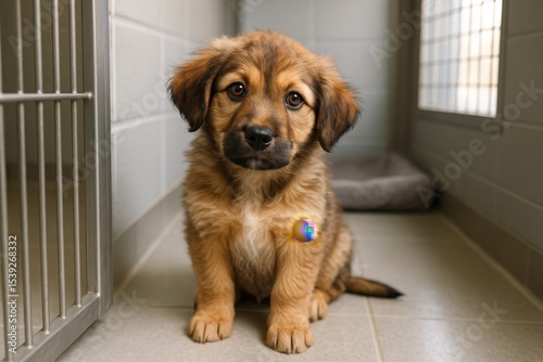 Heartwarming rescue puppy with expressive amber eyes gazing hopefully from cozy animal shelter kennel awaiting forever family