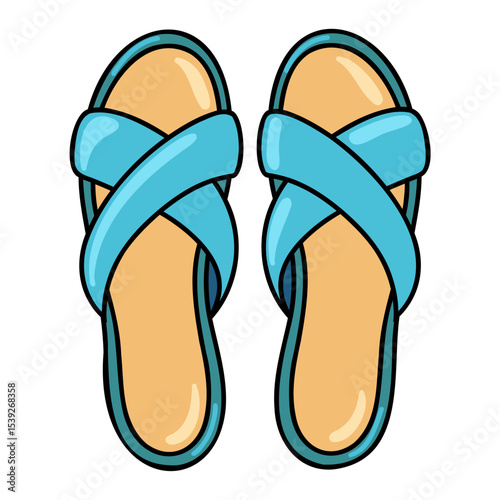 Blue criss cross sandals, summer slippers, casual slip-on flats. Cartoon vector illustration on white background. 