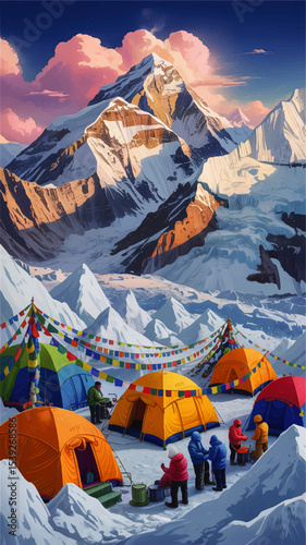 Vibrant Everest Base Camp Illustration with Colorful Tents, Climbers, Prayer Flags and Majestic Snowy Mountain at Sunrise
