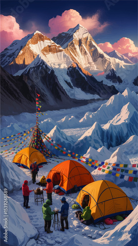 Vibrant Everest Base Camp with Colorful Tents, Climbers, Prayer Flags, and Majestic Snow Mountains at Sunset – Adventure Expedition Illustration