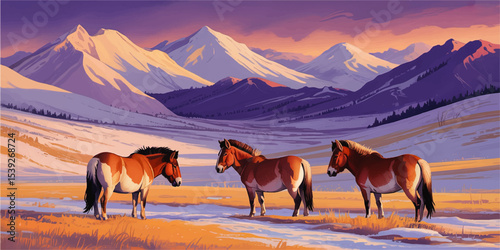 Wild Horses in Snowy Mountain Valley at Sunset – Majestic Herd, Winter Landscape, Vibrant Digital Art Illustration