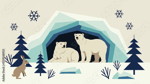 Polar Bears and Snow Hare in Winter Forest Scene, Ice Cave, Snowy Trees, Flat Vector Illustration, Arctic Wildlife Concept