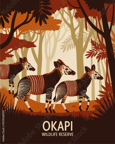 Okapi Wildlife Reserve Illustration with Exotic Okapis in Lush African Forest, Nature Conservation Poster Art