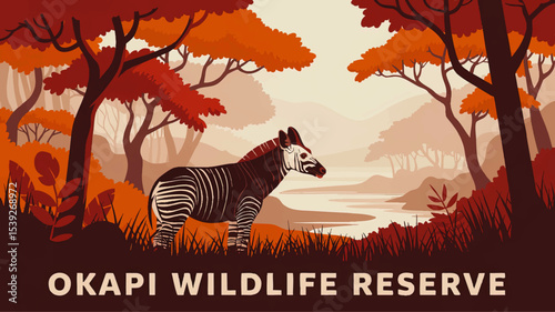 Okapi Wildlife Reserve Illustration – Exotic Okapi in Autumn Forest Landscape, Vibrant Nature Conservation Poster, Flat Vector Art