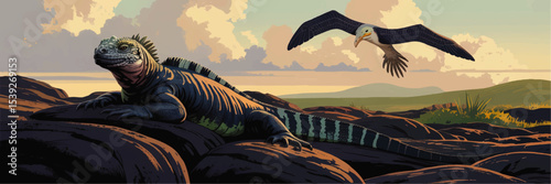Vibrant Vector Illustration of Iguana and Seagull In Dramatic Rocky Landscape at Sunset, Nature Wildlife Scene, Artistic Style