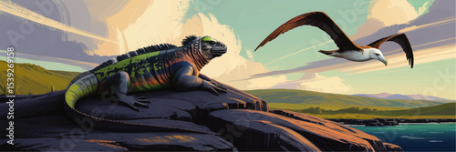 Vibrant Vector Illustration of Marine Iguana and Albatross in Stunning Coastal Landscape With Dramatic Sky and Mountains