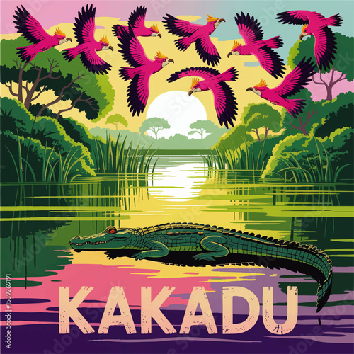 Kakadu National Park Retro Poster with Crocodile, Pink Cockatoos, Vibrant Sunset, Wetlands, and Australian Wilderness Landscape
