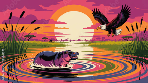 Vibrant African Sunset with Smiling Hippo in River, Soaring Eagle, and Scenic Savanna Illustration for Nature Themes
