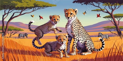 Cheetah Family with Cubs in African Savannah, Zebras and Birds in Vibrant Landscape, Wildlife Illustration, Nature Scene