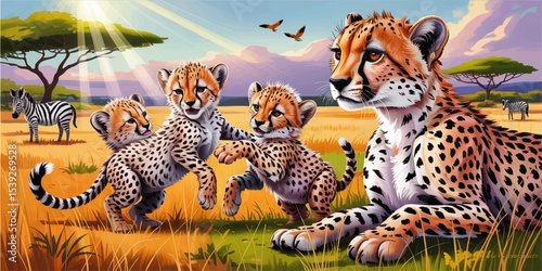 Playful Cheetah Cubs with Mother in Vibrant African Savannah Landscape, Zebras in Background, Wildlife Nature Illustration