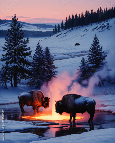 Majestic Bison Gather Around Steaming Hot Spring in Snowy Winter Forest at Sunset – Dramatic Wildlife Landscape Illustration