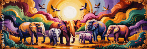 Vibrant Artistic Elephant Family in Colorful Sunset Landscape, Decorative African Wildlife Scene with Birds and Ornate Border