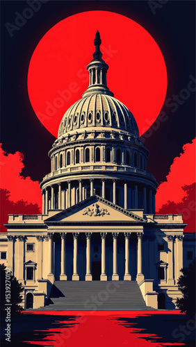 Dramatic Artistic Illustration of US Capitol Building with Bold Red Sun Background, Political Pop Art Poster Concept